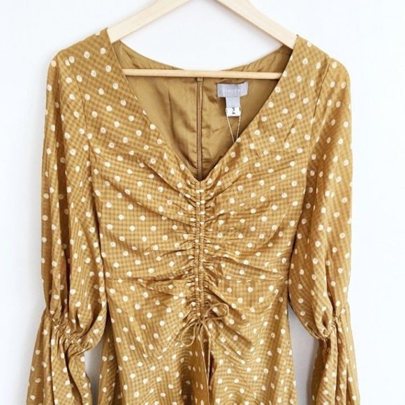 NWT Finders Keepers Rosie Tan Hi-Lo Polka Dot Ruffle Ruched Ruffle Dress S - Picture 6 of 11